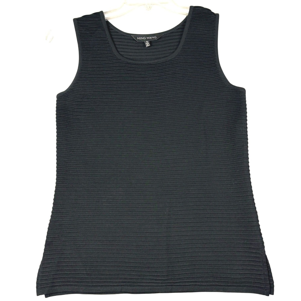 Ming Wang S Black Knit Tank Top Ribbed Scoop Neck Shell Career Minimalist